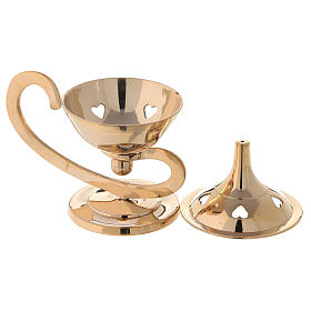 Lamp shaped incense burner in gold plated brass with heart shaped holes