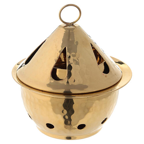 Hammered incense burner in gold plated brass drop shaped h 5 in 1