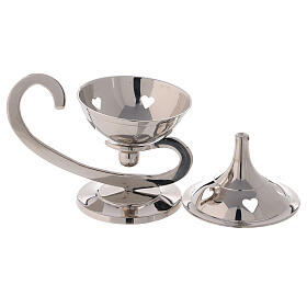 Nickel-plated brass incense burner, oil lamp style, heart-shaped holes, h 11 cm
