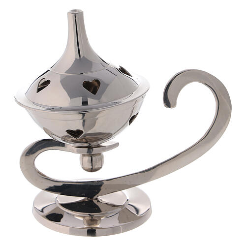 Nickel-plated brass incense burner, oil lamp style, heart-shaped holes, h 11 cm 1