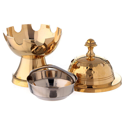 Gold plated brass incense burner with hammered decorations h 5 in 3