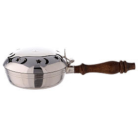 Pan-shaped incense burner, moon and stars, nickel-plated brass and wood