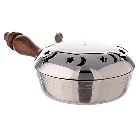 Pan-shaped incense burner, moon and stars, nickel-plated brass and wood