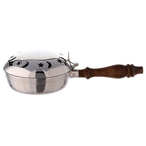 Pan-shaped incense burner, moon and stars, nickel-plated brass and wood 1