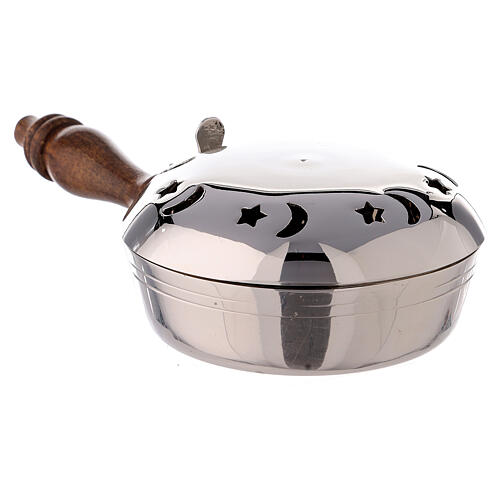 Pan-shaped incense burner, moon and stars, nickel-plated brass and wood 2