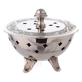 Incense burner in nickel-plated brass with engraved leaves, 10 cm