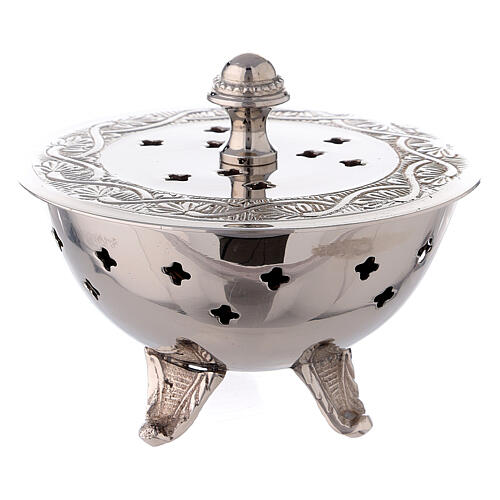 Incense burner in nickel-plated brass with engraved leaves, 10 cm 1