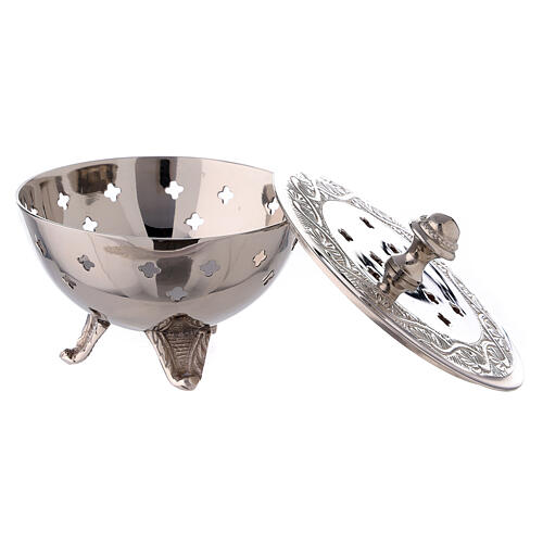 Incense burner in nickel-plated brass with engraved leaves, 10 cm 2