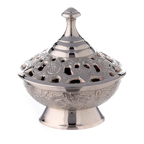Incense burner with flowers and leaves in perforated nickel-plated brass 9 cm 1