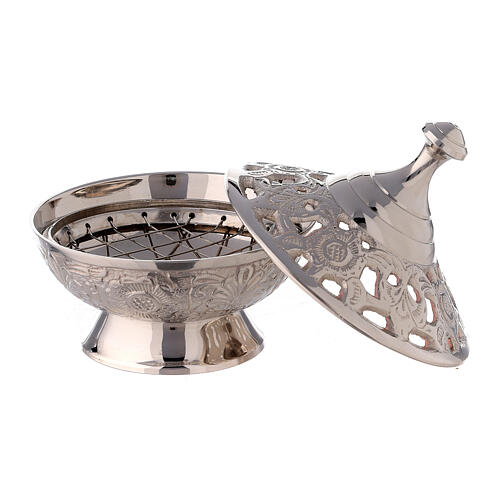 Incense burner with flowers and leaves in perforated nickel-plated brass 9 cm 2