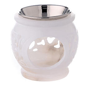 Spherical incense burner with leaves engraved in white soapstone 8 cm