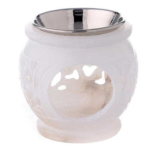 Spherical incense burner with leaves engraved in white soapstone 8 cm 1