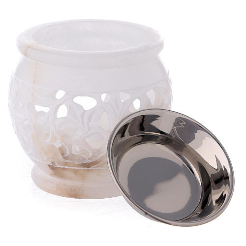 Spherical incense burner with engraved leaves white soapstone 3 in 3