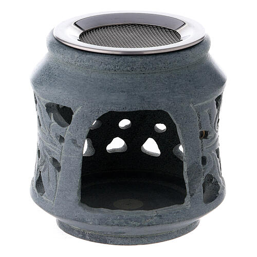 Black soapstone incense burner with double decorations 8 cm 1