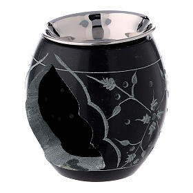 Incense burner in black soapstone with engraved flowers 8 cm