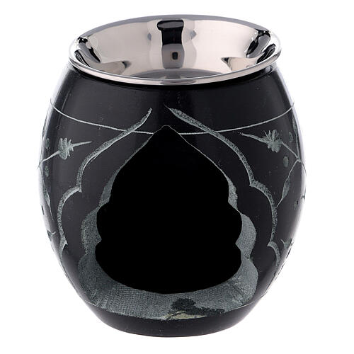 Black soapstone incense burner with engraved flowers 3 in 1