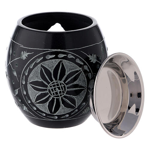 Black soapstone incense burner with engraved flowers 3 in 3