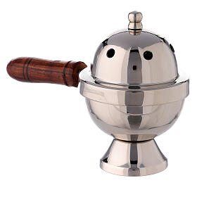 Oval incense burner in nickel-plated brass with wood handle, 15 cm