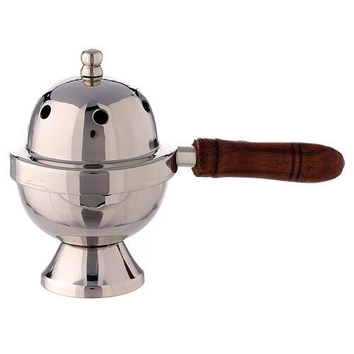 Oval incense burner in nickel-plated brass with wood handle, 15 cm 1