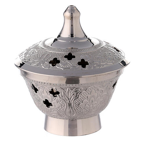 Incense burner in nickel-plated brass with engraved decorations 10 cm 1