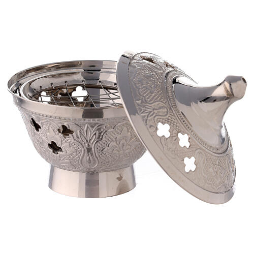 Incense burner in nickel-plated brass with engraved decorations 10 cm 2