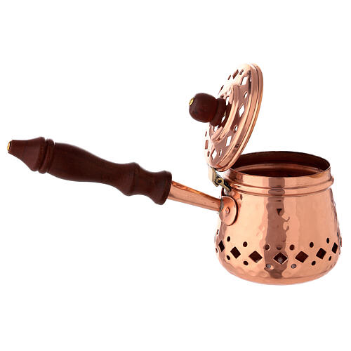 Hammered copper incense burner with wood handle 3