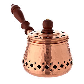 Copper incense pan with wooden handle, diameter 9 cm