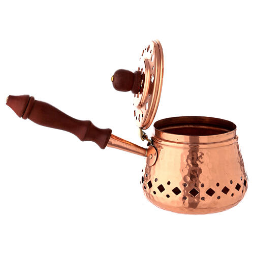 Engraved copper incense burner with wood handle 3 1/2 in diameter 3