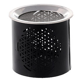 Black iron incense burner h 6 cm perforated floral motif