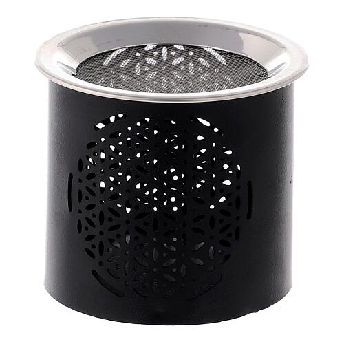 Black iron incense burner h 6 cm perforated floral motif 1