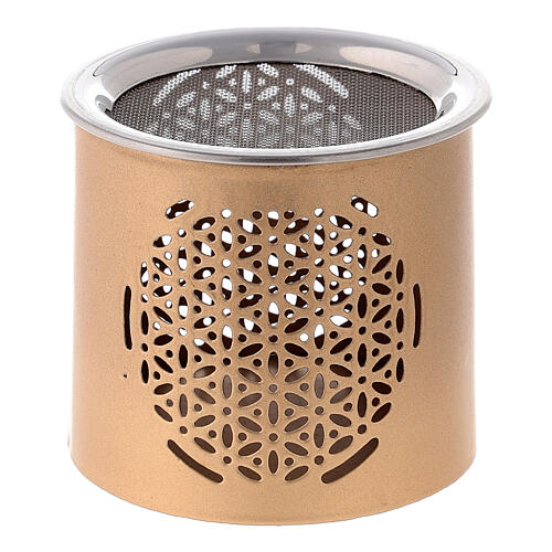 Golden metal incense burner h 6 cm cut-out floral pattern 1