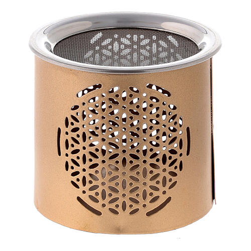 Golden metal incense burner h 6 cm cut-out floral pattern 2