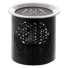 Black metal incense burner with cut-out floral pattern 9 cm