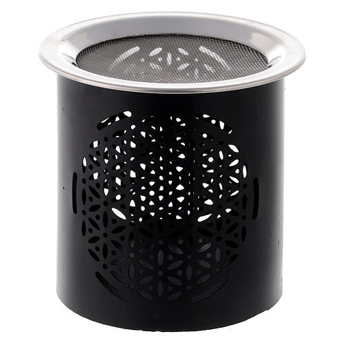 Black metal incense burner with cut-out floral pattern 9 cm 1