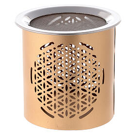 Golden metal incense burner with cut-out floral pattern 9 cm
