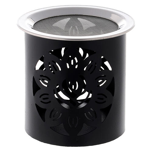 Incense burner with cut-out flower, black metal, 9 cm 1