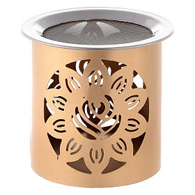 Incense burner with cut-out flower, golden metal, 9 cm