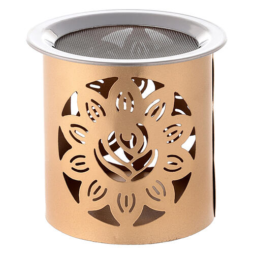 Incense burner with cut-out flower, golden metal, 9 cm 2