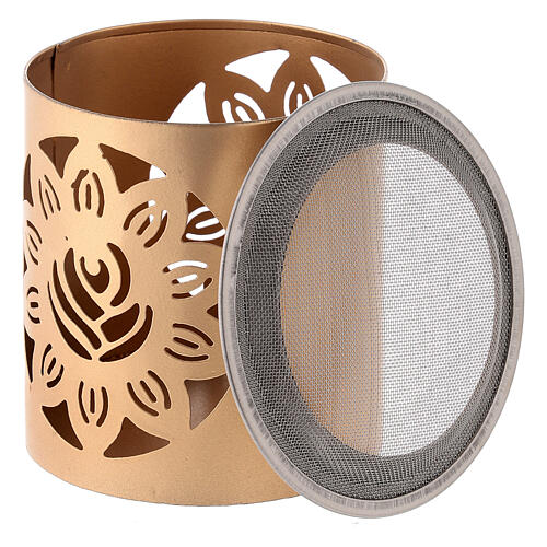 Incense burner with cut-out flower, golden metal, 9 cm 3