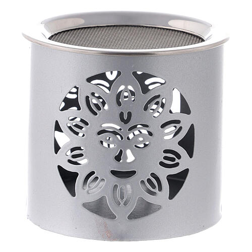 Brûle-encens argenté cylindrique avec soleil h 6 cm métal mat 1