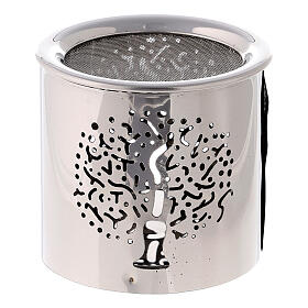Brûle-encens argenté cylindrique avec Arbre de la Vie h 6 cm acier brillant