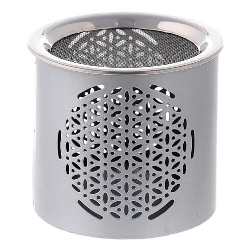 Brûle-encens argenté cylindrique motif à fleurs h 6 cm métal mat 1