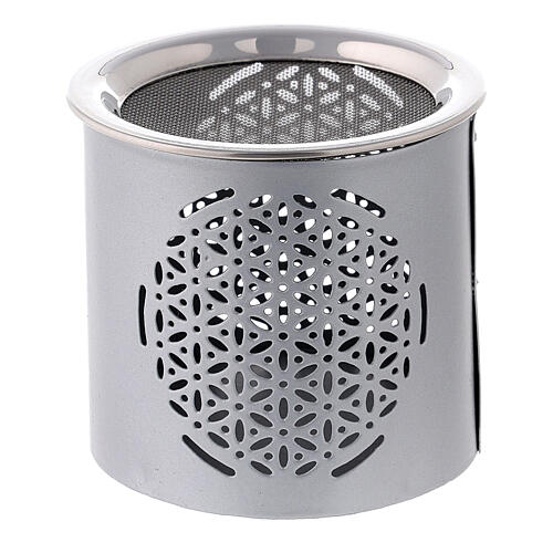 Brûle-encens argenté cylindrique motif à fleurs h 6 cm métal mat 2