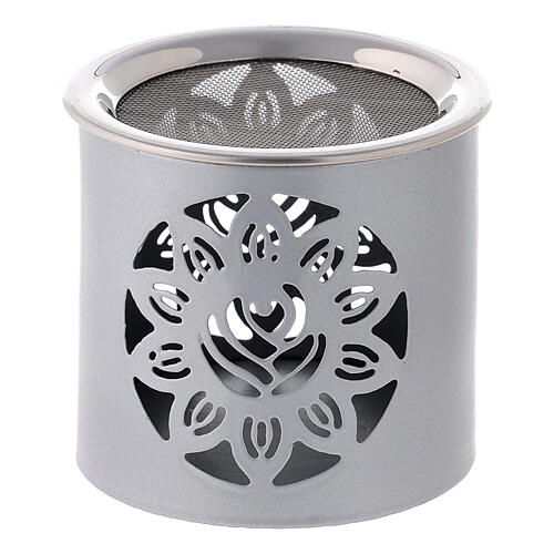 Silver incense burner with cut-out flower, h 6 cm, metal 1