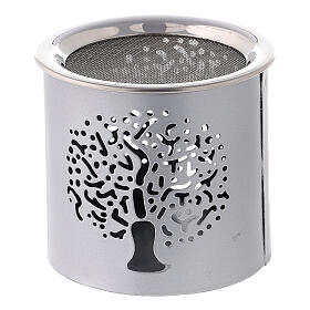 Silver metal incense burner with cut-out Tree of Life, h 6 cm