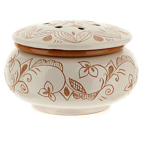 Low terracotta incense burner with floral pattern, Deruta, 3x5 in