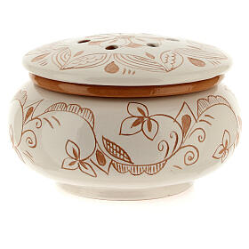 Low terracotta incense burner with floral pattern, Deruta, 3x5 in