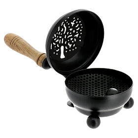 Black metallic incense burner with wooden handle, diam. 3 in