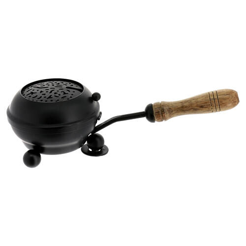 Black metallic incense burner with wooden handle, diam. 3 in 1