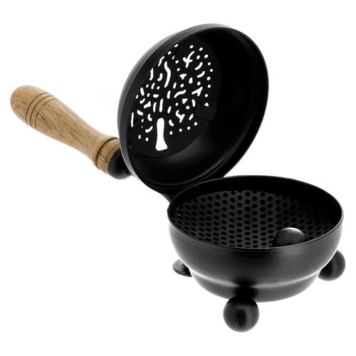 Black metallic incense burner with wooden handle, diam. 3 in 2